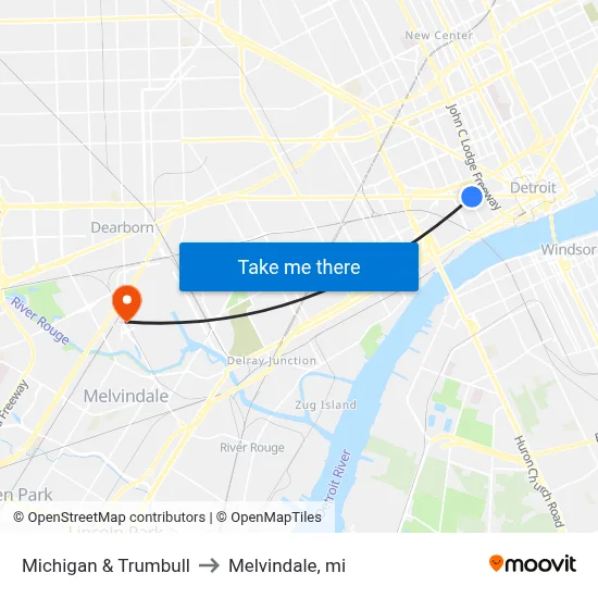 Michigan & Trumbull to Melvindale, mi map