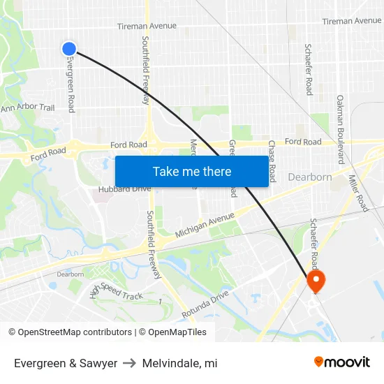 Evergreen & Sawyer to Melvindale, mi map