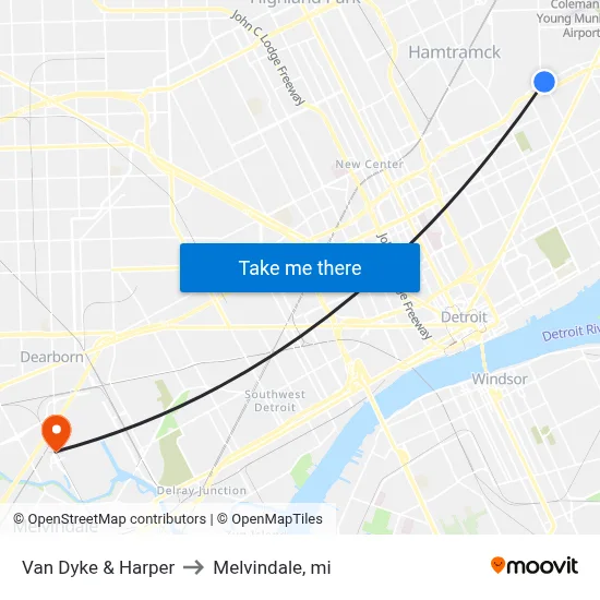 Van Dyke & Harper to Melvindale, mi map