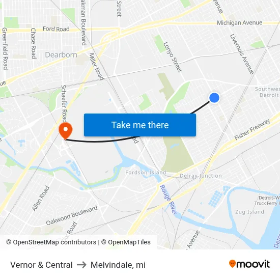Vernor & Central to Melvindale, mi map
