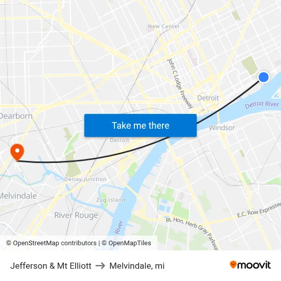 Jefferson & Mt Elliott to Melvindale, mi map
