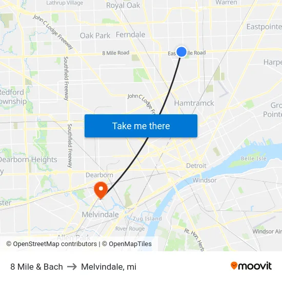 8 Mile & Bach to Melvindale, mi map
