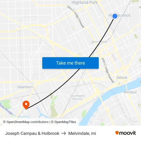 Joseph Campau & Holbrook to Melvindale, mi map