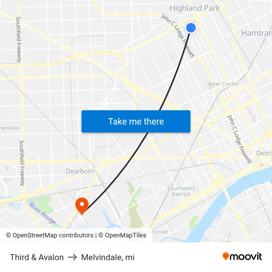 Third & Avalon to Melvindale, mi map