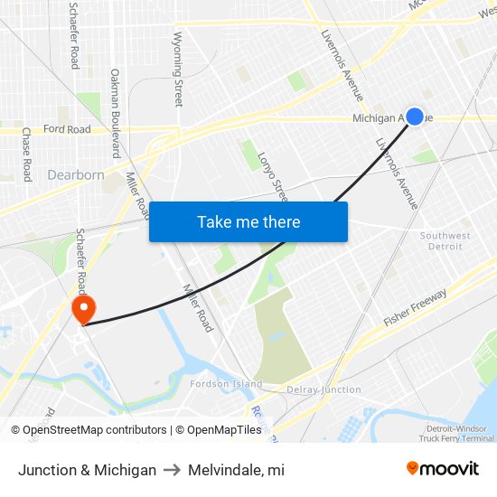 Junction & Michigan to Melvindale, mi map