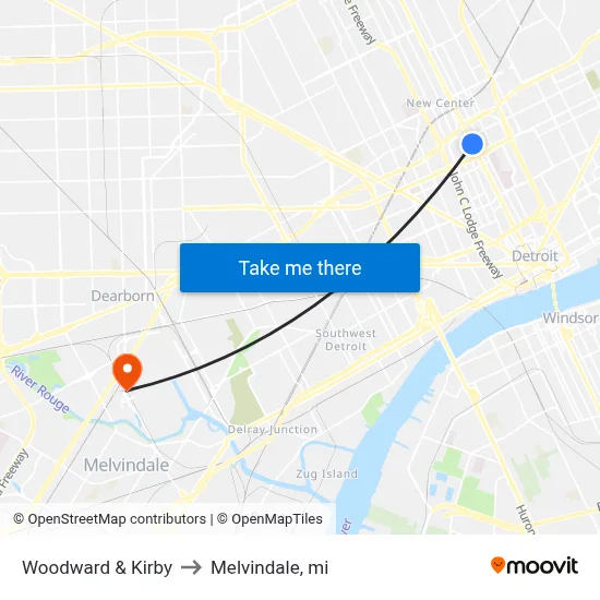 Woodward & Kirby to Melvindale, mi map
