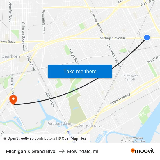 Michigan & Grand Blvd. to Melvindale, mi map