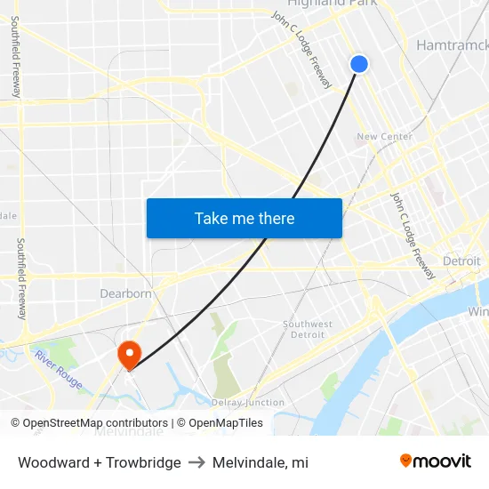 Woodward + Trowbridge to Melvindale, mi map