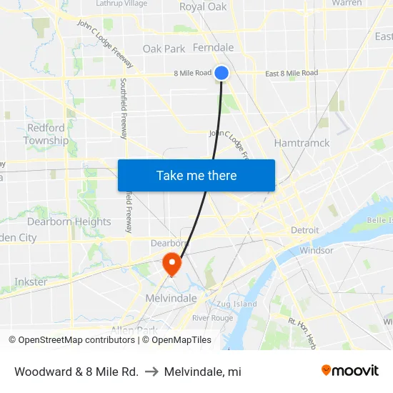 Woodward & 8 Mile Rd. to Melvindale, mi map