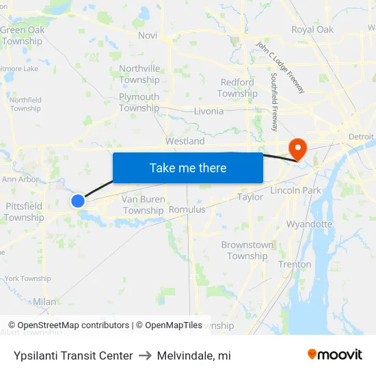 Ypsilanti Transit Center to Melvindale, mi map