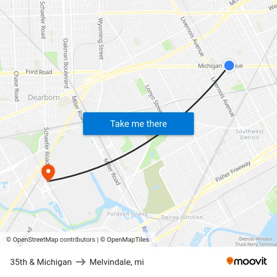 35th & Michigan to Melvindale, mi map