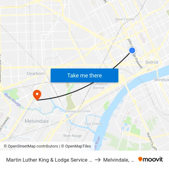 Martin Luther King & Lodge Service Dr to Melvindale, mi map