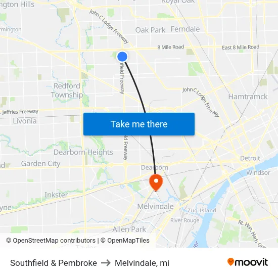 Southfield & Pembroke to Melvindale, mi map