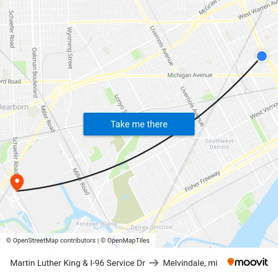 Martin Luther King & I-96 Service Dr to Melvindale, mi map