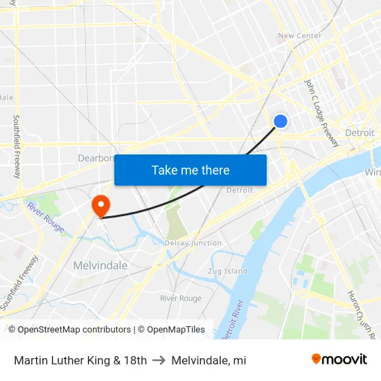 Martin Luther King & 18th to Melvindale, mi map