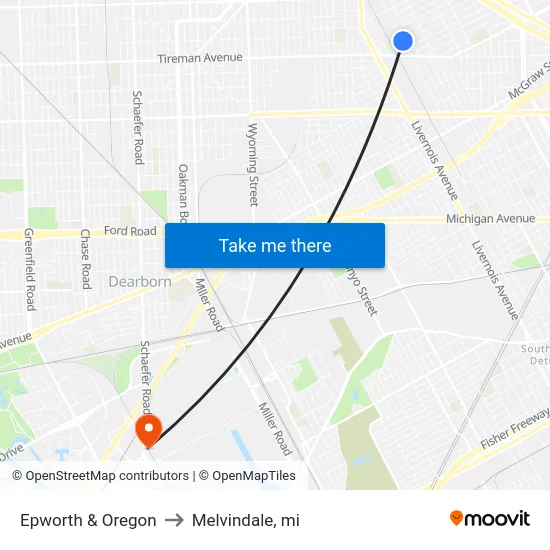 Epworth & Oregon to Melvindale, mi map