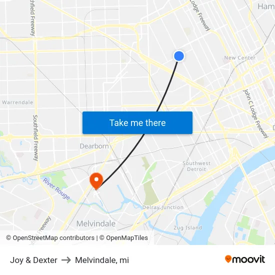 Joy & Dexter to Melvindale, mi map
