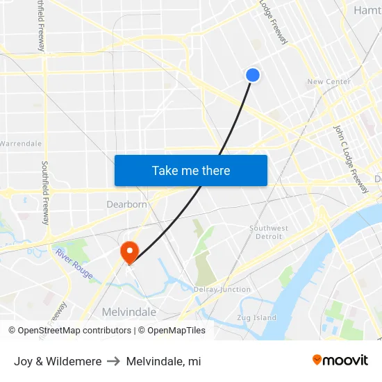 Joy & Wildemere to Melvindale, mi map