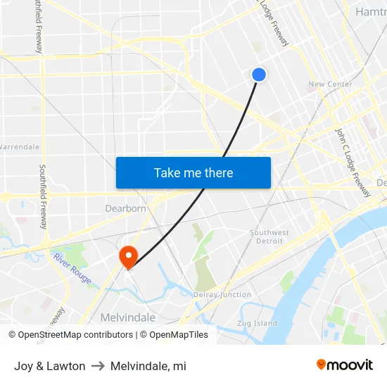 Joy & Lawton to Melvindale, mi map