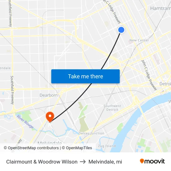 Clairmount & Woodrow Wilson to Melvindale, mi map