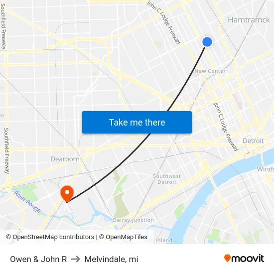 Owen & John R to Melvindale, mi map