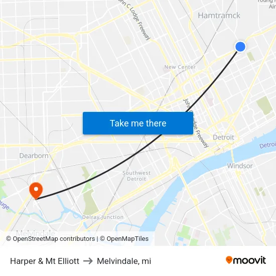 Harper & Mt Elliott to Melvindale, mi map