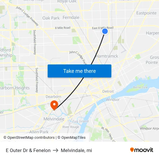 E Outer Dr & Fenelon to Melvindale, mi map