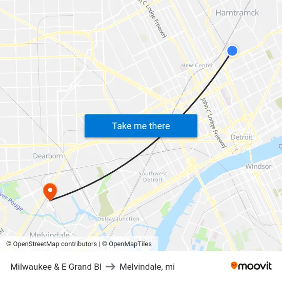 Milwaukee & E Grand Bl to Melvindale, mi map