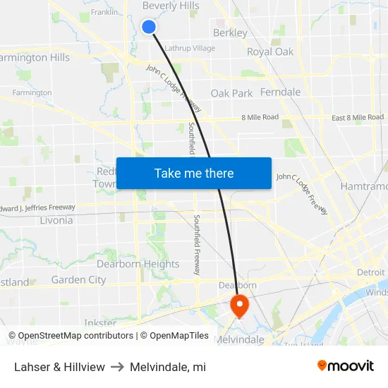 Lahser & Hillview to Melvindale, mi map