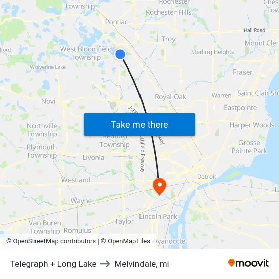 Telegraph + Long Lake to Melvindale, mi map