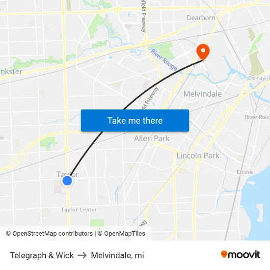 Telegraph & Wick to Melvindale, mi map