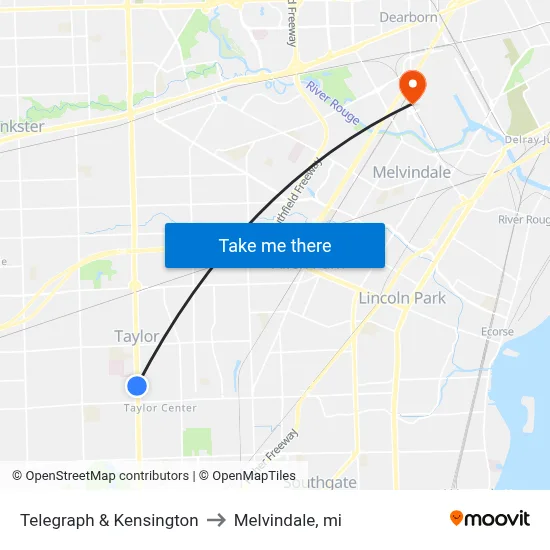 Telegraph & Kensington to Melvindale, mi map