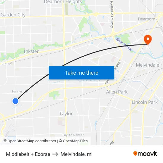 Middlebelt + Ecorse to Melvindale, mi map