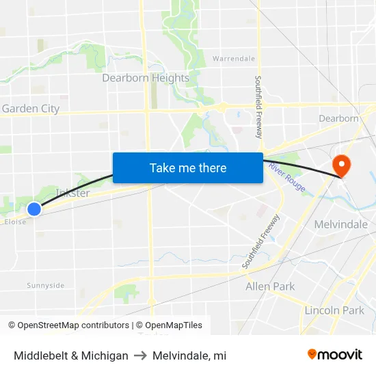 Middlebelt & Michigan to Melvindale, mi map