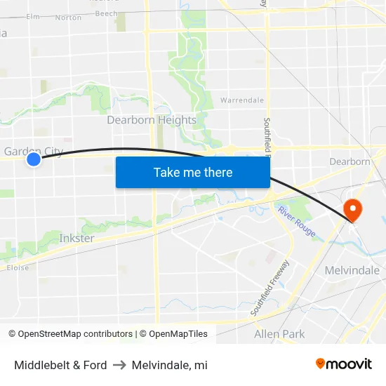 Middlebelt & Ford to Melvindale, mi map