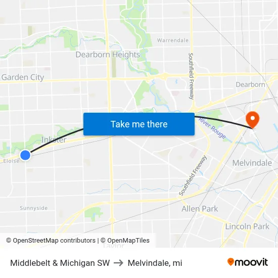 Middlebelt & Michigan SW to Melvindale, mi map