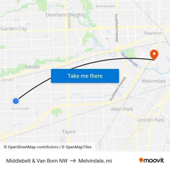 Middlebelt & Van Born NW to Melvindale, mi map