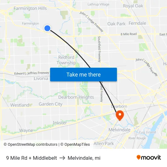 9 Mile Rd + Middlebelt to Melvindale, mi map