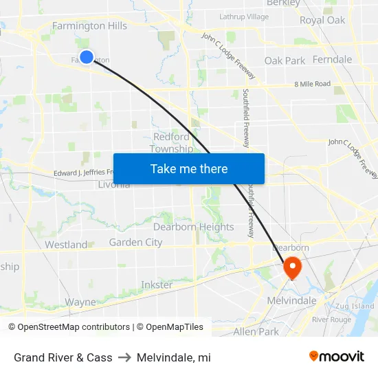 Grand River & Cass to Melvindale, mi map