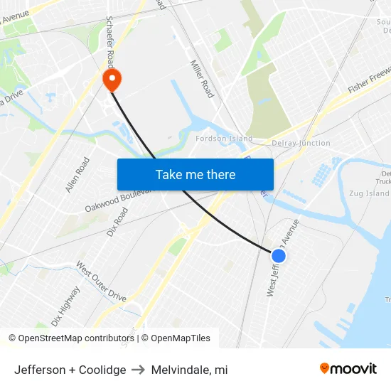Jefferson + Coolidge to Melvindale, mi map