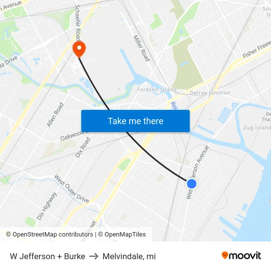 W Jefferson + Burke to Melvindale, mi map