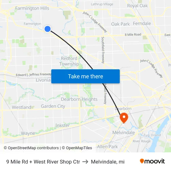 9 Mile Rd + West River Shop Ctr to Melvindale, mi map