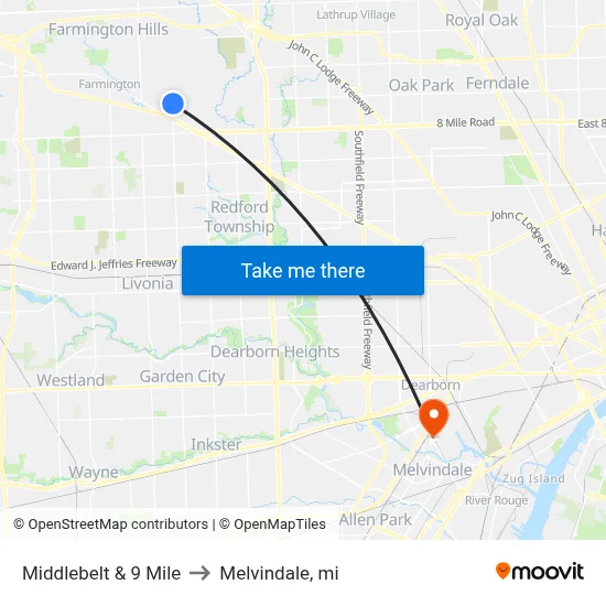 Middlebelt & 9 Mile to Melvindale, mi map