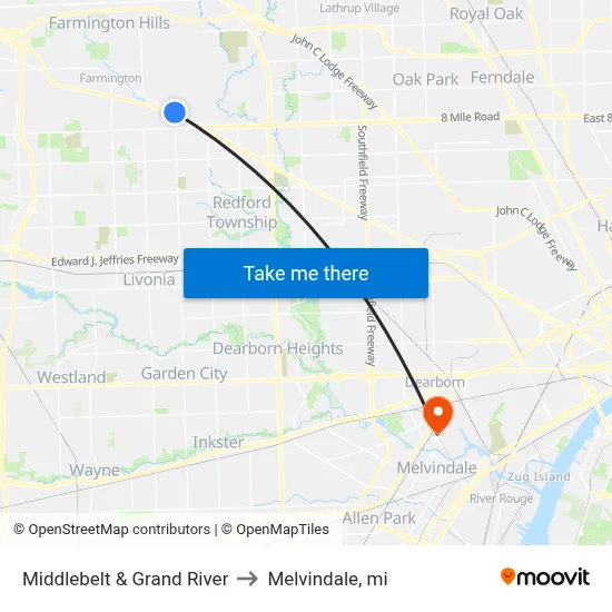 Middlebelt & Grand River to Melvindale, mi map