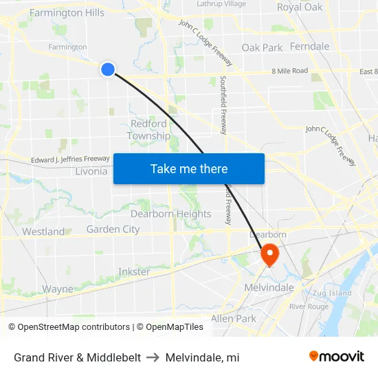 Grand River & Middlebelt to Melvindale, mi map
