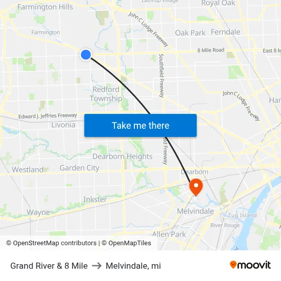 Grand River & 8 Mile to Melvindale, mi map