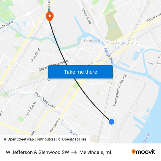 W Jefferson & Glenwood SW to Melvindale, mi map