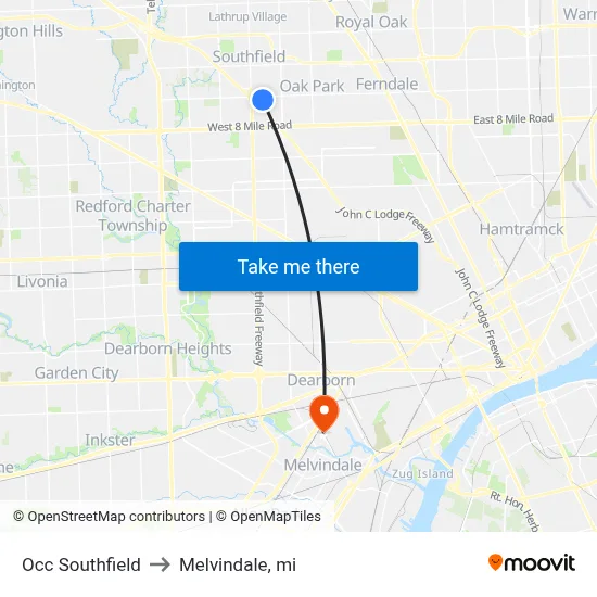 Occ Southfield to Melvindale, mi map