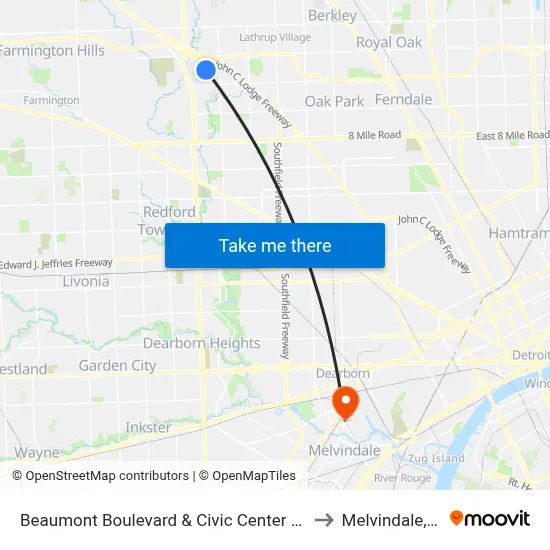 Beaumont Boulevard & Civic Center Drive to Melvindale, mi map