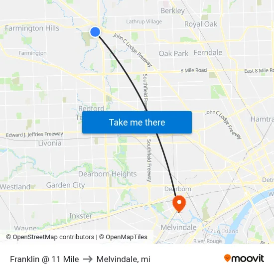 Franklin @ 11 Mile to Melvindale, mi map